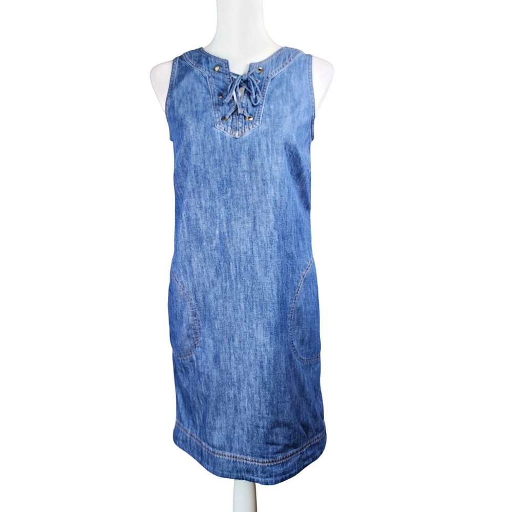 Talbots Lace Up Shift Dress Womens 2P Blue Denim Pockets Casual Festival Preppy